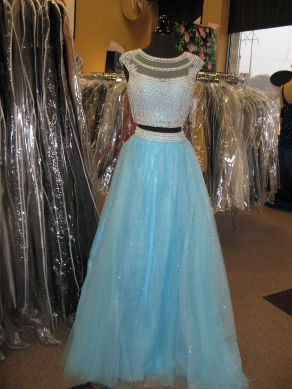 TIFFANY 14 LT BLUE 2 PC LONG PEARL BEADED PROM DRESS PAGEANT FORMAL GOWN 16242